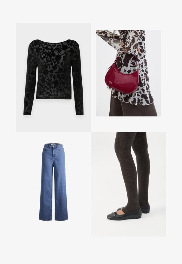 Zwarte langemouwtop van doorzichtig materiaal met een bloemenpatroon. Ronde halslijn en getailleerde vorm, met een subtiele textuur overal.; Lichtblauwe denim wijde jeans met een hoge taille, twee voorzakken en zichtbare stiksels. Voorzien van een knoop- en ritssluiting.; Benen met donkere geribbelde leggings gecombineerd met zwarte ballerina's met kleine strikdetails op een witte achtergrond.; Vrouw met een zwart-wit gebloemde blouse houdt een glanzende rode schoudertas vast tegen een effen achtergrond.