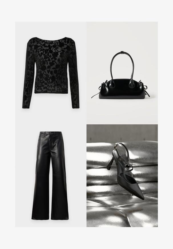 Haut à manches longues noir en tissu transparent avec un motif floral. Encolure ronde et coupe ajustée, avec une texture subtile tout au long.; Pantalons larges en faux cuir noire taille haute avec bouton avant, fermeture éclair, passants de ceinture et poches latérales sur fond blanc.; Chaussure à talon noir à bout pointu et dos ouvert. Comprend une fine bride autour de la cheville et une semelle texturée. Design épuré et minimaliste mis en valeur par un arrière-plan métallique brillant.; Petit sac à main noir brillant avec deux longues anses et des détails à cordon sur les côtés sur un fond clair uni.