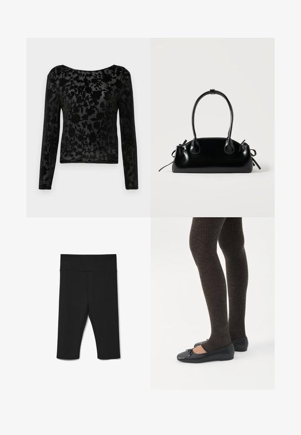 Sort langærmet top lavet af gennemsigtigt stof med et blomstermønster. Rundet halsudskæring og tætsiddende form med subtil tekstur hele vejen igennem.; Sorte knæ-lange leggings lavet af strækbart stof, med en bred talje og flade sømme for komfort. Ingen synlige mønstre eller accenter.; Ben iført mørke ribbede leggings kombineret med sorte balletsko med små sløjfedetaljer på hvid baggrund.; Lille sort blank håndtaske med to lange håndtag og snøre-detaljer i siden på en ensfarvet lys baggrund.