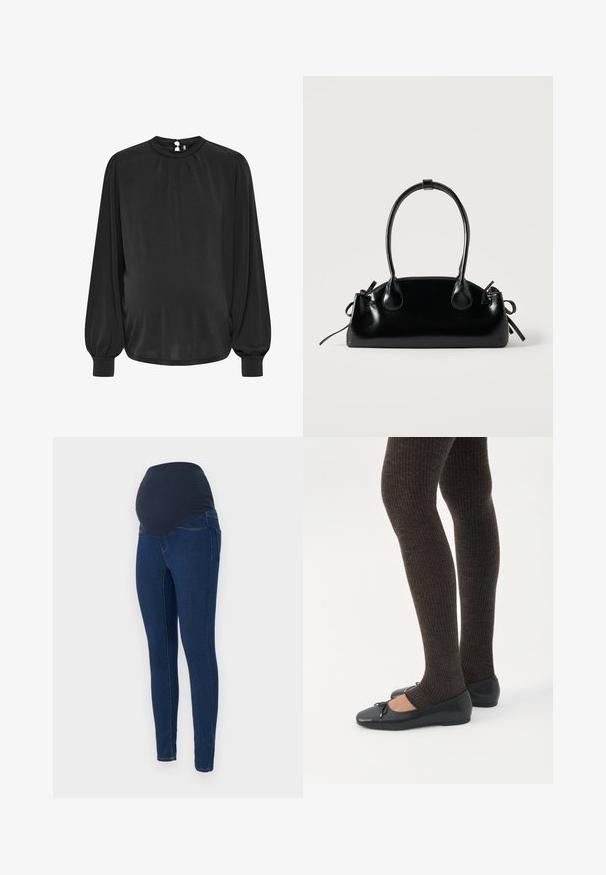 Blusa negra de manga larga con un cuello alto, frente plisado y puños elásticos, que cuenta con un cierre de ojal en la parte posterior. Tejido suave.; Jeans de maternidad en denim azul oscuro, con una cinturilla elástica oscura y un diseño ajustado con bolsillos.; Piernas con leggings oscuros acanalados combinados con bailarinas negras que presentan pequeños detalles de lazo sobre un fondo blanco.; Pequeño bolso negro brillante con dos asas largas y detalles de cordón lateral sobre un fondo claro liso.