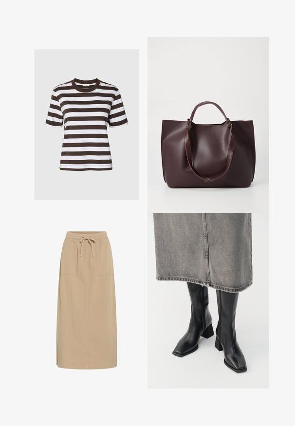 T-shirt med korte ærmer med brede vandrette mørkebrune og hvide striber og en rund halsudskæring på en ensfarvet baggrund.; Beige bomuldsnederdel med snoreliv, to sidelommer, lige pasform og sideslidser for nem bevægelse. Glat tekstur.; Sorte knæhøje støvler i glat læder med firkantet tå og blokeret hæl. Båret med en grå denimnederdel med flosset kant.; Bordeaux læder tote taske med glat tekstur, to robuste hanke og et minimalistisk design. Har subtile detaljer i guld hardware.