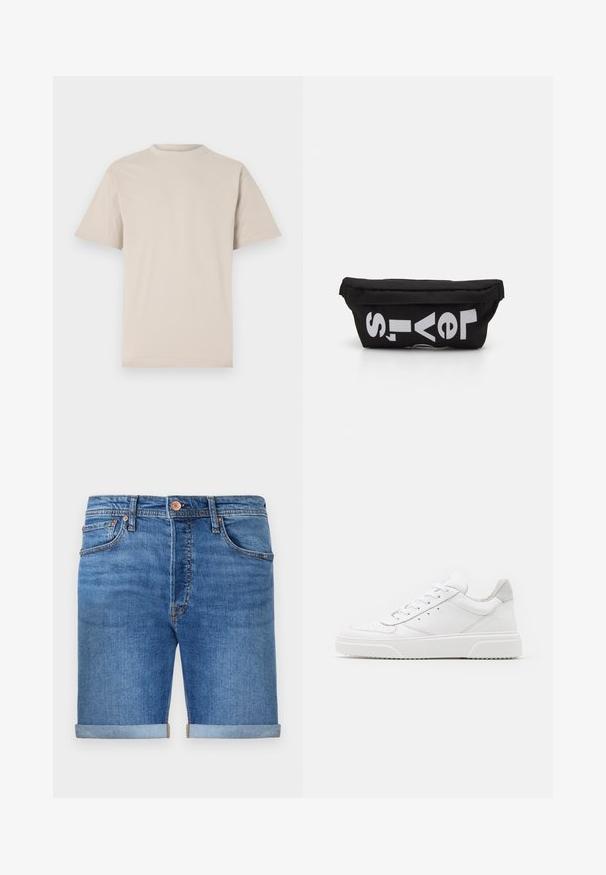 Beige T-Shirt mit kurzen Ärmeln, Rundhalsausschnitt, aus glattem Baumwollstoff, mit lässiger Passform und ohne sichtbare Muster oder Verzierungen.; Denim-Shorts in einem mittleren Blauton mit umgeschlagenen Säumen, Fünf-Taschen-Design, Messingknopfverschluss und kontrastierenden Nähten.; Weiße Leder-Sneaker mit glatter Oberfläche, rundem Zehenbereich, flachen Schnürsenkeln und strukturiertem Schuhsohlen. Graues Wildleder-Detail an der Ferse.; Schwarze Stofftasche mit flacher Form, mit fettgedrucktem weißen Text. Der Reißverschluss befindet sich oben, mit einer Schlaufe an einer Seite.