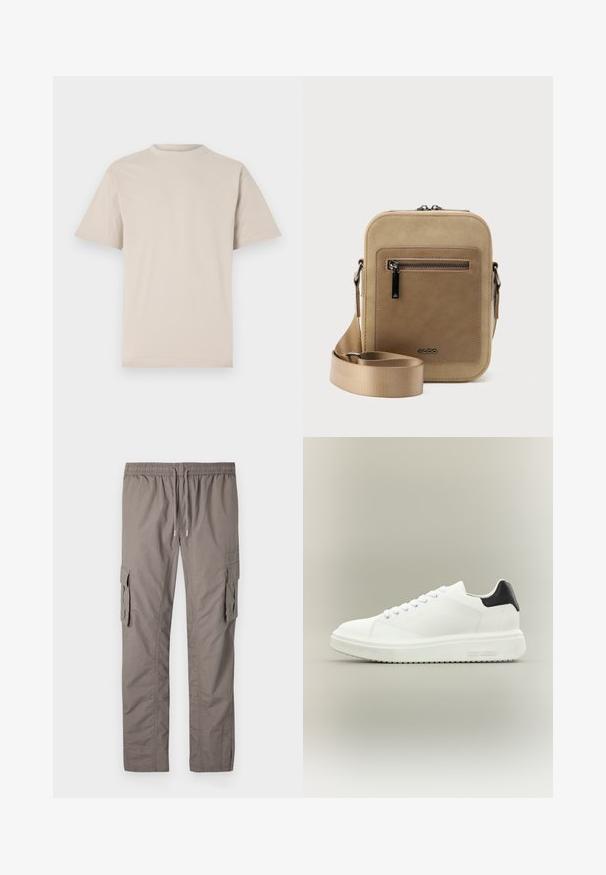 Camiseta de manga corta beige, con cuello redondo, hecha de una suave tela de algodón, que presenta un corte relajado y sin patrones o adornos visibles.; Pantalones cargo grises con una cinturilla elástica y cordón, dos bolsillos laterales tipo cargo y un tejido suave y ligero.; Zapatilla blanca de caña baja con suela gruesa, cierre de cordones en la parte delantera y lengüeta negra en el talón, con la marca "Steve Madden" en la suela lateral.; Bolso pequeño beige tipo bandolera con bolsillo frontal con cremallera, logo metálico de ALDO, correa ancha ajustable y forma rectangular redondeada sobre fondo blanco.