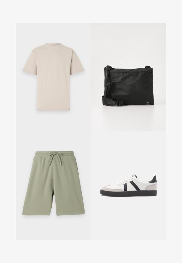 Camiseta de manga corta beige, con cuello redondo, hecha de una suave tela de algodón, que presenta un corte relajado y sin patrones o adornos visibles.; Pantalones cortos verde claro hechos de una tela texturizada con cintura elástica y cordón. Corte recto y diseño hasta la rodilla.; Zapatilla blanca con acentos en negro y gris, que presenta una puntera texturizada en gris, suela de goma negra y cordones planos blancos. Diseño limpio, estilo minimalista.; Bolso mensajero de nylon negro con correa ajustable, diseño plano y una etiqueta lateral con un logo. Textura suave y estilo minimalista.