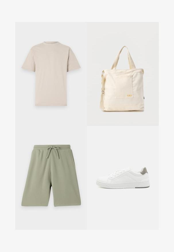 Beige T-Shirt mit kurzen Ärmeln, Rundhalsausschnitt, aus glattem Baumwollstoff, mit lässiger Passform und ohne sichtbare Muster oder Verzierungen.; Hellgrüne Shorts aus einem strukturierten Stoff mit einem elastischen Bund und Kordelzug. Gerade geschnitten und knielang.; Weißer Sneaker aus glattem Leder, runde Zehenpartie, minimalistisches Design, graue Fersenkante und strukturierte Gummisohle.; Beige Canvas-Shopper mit Fronttasche, zwei Griffen, verstellbarem Schulterriemen und kleinem gelbem "O.N.S"-Text unten rechts auf der Tasche.