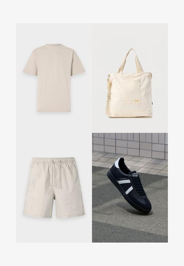 Beige T-Shirt mit kurzen Ärmeln, Rundhalsausschnitt, aus glattem Baumwollstoff, mit lässiger Passform und ohne sichtbare Muster oder Verzierungen.; Beige Shorts aus leichtem Stoff, mit elasticem Taillenbund, Zugband und Seitentaschen mit kontrastierender Naht.; Schwarze Leder-Sneaker mit weißen Streifen, strukturiertem Gummisohle und Schnürung. Verfügt über ein Markenetikett auf der Zunge.; Beige Canvas-Shopper mit Fronttasche, zwei Griffen, verstellbarem Schulterriemen und kleinem gelbem "O.N.S"-Text unten rechts auf der Tasche.