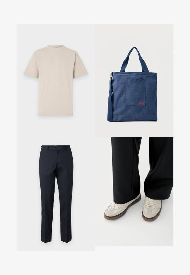 Beige kortærmet t-shirt med rund hals, lavet af glat bomuldsstof, med en afslappet pasform og uden synlige mønstre eller udsmykninger.; Marineblå bukser lavet af bomuld med lige ben-design, frontlommer og knaplukning. Glat tekstur, ingen synlige mønstre.; Fødder iført beige sneakers med brune såler og sorte bukser med vide ben på hvid baggrund.; Blå lærredstote taske med frontlomme og rød "O.N.S" broderi, med to håndtag og en justerbar skulderrem.