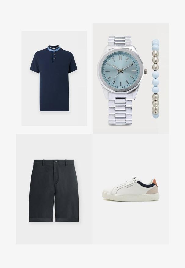 Marineblaues Polohemd mit kurzen Ärmeln, hellblauem Mandarinkragen und drei Knöpfen an der Knopfleiste.; Schwarze knielange Shorts mit umgeschlagenen Säumen, Knopfverschluss, Gürtelschlaufen und flachem Vorderdesign auf einfachem weißem Hintergrund.; Weiße Leder-Sneaker mit einem Low-Top-Design, marineblauem Stoffakzent am Kragen und einem hellrosa Wildleder-Hackenteil. Gummisohle.; Silberne Metallarmbanduhr mit hellblauem Zifferblatt und passendem silber-blauem Perlenarmband auf weißem Hintergrund.
