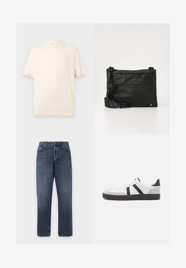 Yksinkertainen lyhythihainen beige t-paita pyöreällä kaula-aukolla, esitettynä tasaisesti vaaleanharmaalla taustalla.; Jack & Jones Loose-fit JJIEDDIE JJORIGINAL SQ 227 - Baggy-farkut - blue denim; Valkoiset lenkkarit mustilla ja harmailla yksityiskohdilla, joissa on teksturoitu harmaa kärki, musta kumipohja ja litteät valkoiset nauhat. Siisti muotoilu, minimalistinen tyyli.; Musta nailoninen olkalaukku säädettävällä remmillä, tasainen muotoilu ja sivulla logoa esittävä etiketti. Sileä pinta ja minimalistinen tyyli.
