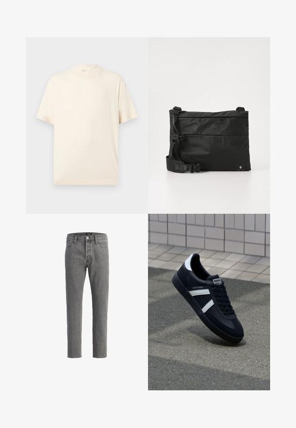 Effen beige T-shirt met korte mouwen en ronde hals, plat gelegd op een lichtgrijze achtergrond.; Grijze denim jeans met een rechte snit, vijf-pocket ontwerp en metalen knoopsluiting. De stof heeft een zachte, gestructureerde afwerking.; Zwarte leren sneaker met witte strepen, een gestructureerde rubberen zool en vetersluiting aan de voorkant. Voorzien van een merklabel op de tong.; Zwarte nylon boodschappentas met verstelbare riem, plat ontwerp en een zijlabel met een logo. Soepele textuur en minimalistische stijl.