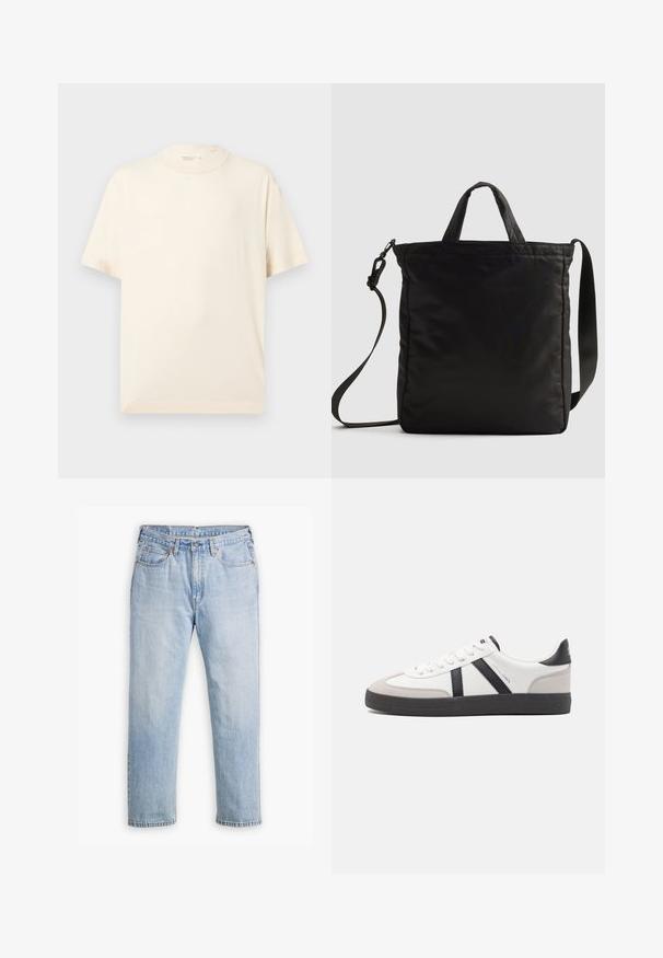 Plain short-sleeve beige t-shirt with crew neck, displayed flat on light gray background.; Light blue denim jeans with a straight leg design, five-pocket style, and contrasting stitching. Button and zipper closure at the waist.; White sneaker with black and gray accents, featuring a textured gray toe cap, black rubber sole, and flat white laces. Clean design, minimalist style.; Black nylon tote bag with short handles and a detachable shoulder strap, featuring a sleek, quilted design and minimal hardware accents.
