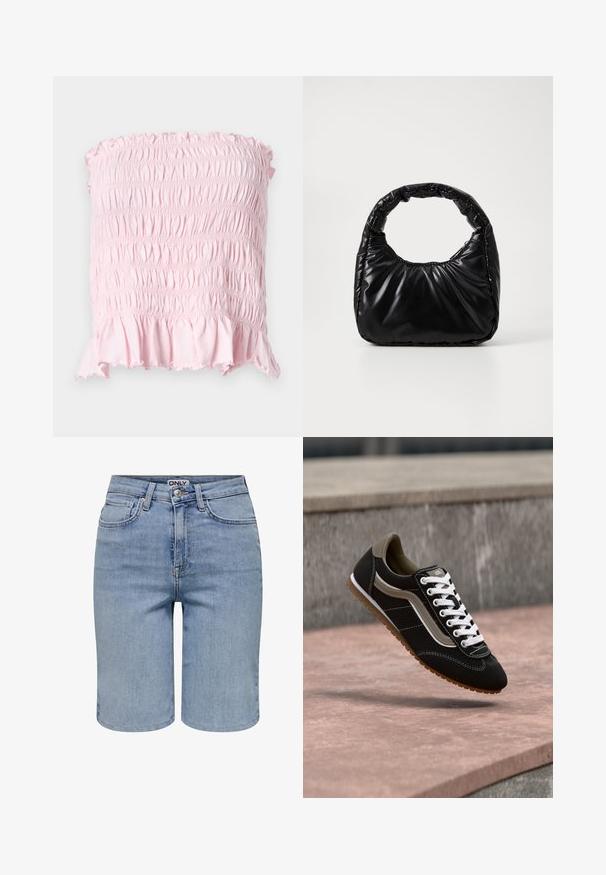 Lyserød stropløs top med samlet, rynket stof og flæsekant øverst og nederst.; Lyseblå denimshorts med forlommer, bæltestropper, en metalknap og en lynlåslukning.; Sort og beige sneaker med hvide snørebånd og gummisål, svævende over en stensurface og grå betonbaggrund.; Sort polstret håndtaske med et rundt håndtag, der har en glat, skinnende overflade og en blød, kviltet tekstur. Ingen synlige hardware eller accenter.