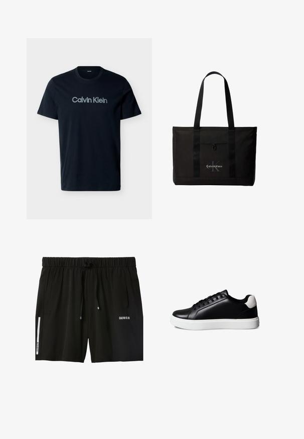 Μαύρο κοντομάνικο T-shirt με στρογγυλή λαιμόκοψη και το λογότυπο "Calvin Klein" τυπωμένο στο στήθος με ανοιχτό γκρι γράμματα.; Μαύρα σορτς Calvin Klein με ελαστική μέση, ρυθμιζόμενο κορδόνι, πλαϊνές τσέπες και λευκό λογότυπο στο αριστερό πόδι και το δεξί μηρό.; Μαύρο δερμάτινο χαμηλό αθλητικό παπούτσι με μαύρα κορδόνια, λευκή λαστιχένια σόλα και λευκή σουέντ λεπτομέρεια στη φτέρνα, εμφανιζόμενο σε πλάγια όψη σε λευκό φόντο.; Μαύρη τσάντα tote Calvin Klein με δύο μακριές λαβές και μπροστινή τσέπη, με το λογότυπο της μάρκας σε λευκό και γκρι.