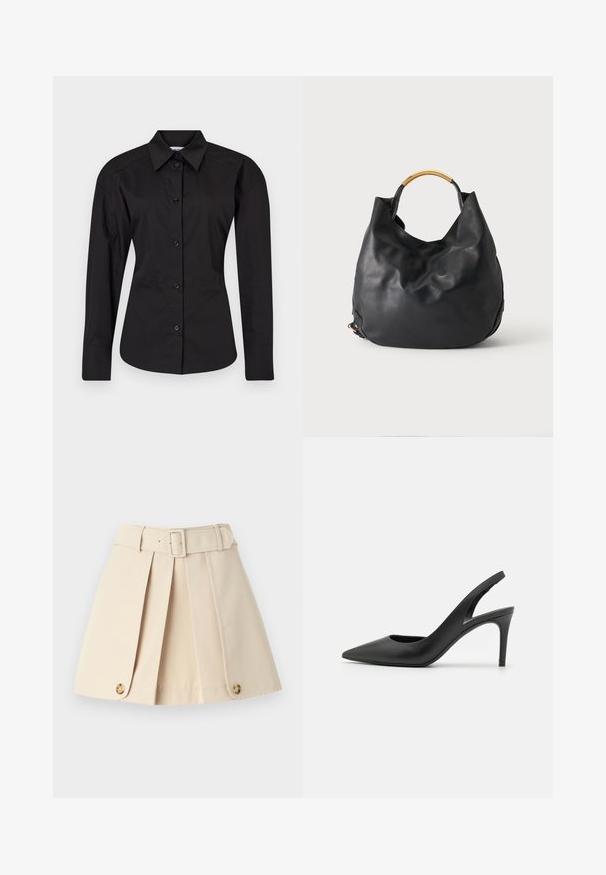 Camisa negra de botón hecha de algodón. Presenta mangas largas, un cuello clásico y una forma ajustada con una textura suave.; Falda de plisado beige con una cintura ajustada, amplios lazos para cinturón y botones decorativos en el dobladillo. Confeccionada con una tela suave y ligera.; Zapatos de tacón alto de cuero negro con diseño de punta afilada, que presentan un corte en la parte delantera y un delgado tacón de aguja.; Bolso de mano de cuero negro con asa metálica dorada curvada, diseño holgado y base redondeada sobre un fondo claro y liso.