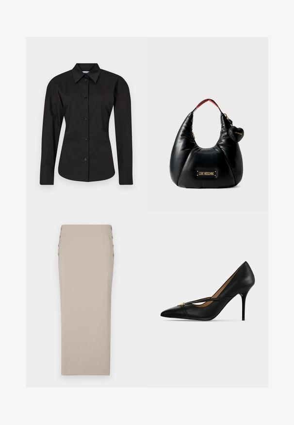 Camisa negra de botón hecha de algodón. Presenta mangas largas, un cuello clásico y una forma ajustada con una textura suave.; Falda lápiz beige hecha de una tela suave, con botones laterales, una silueta estilizada y sin bolsillos ni patrones visibles.; Zapato de tacón alto de cuero negro con punta afilada y una delgada correa en la parte superior asegurada con una pequeña hebilla dorada sobre un fondo liso.; Bolso de cuero sintético negro con forma curva, que presenta una placa de logo dorada y un charm en forma de corazón. La correa interior tiene un detalle de logo rojo.