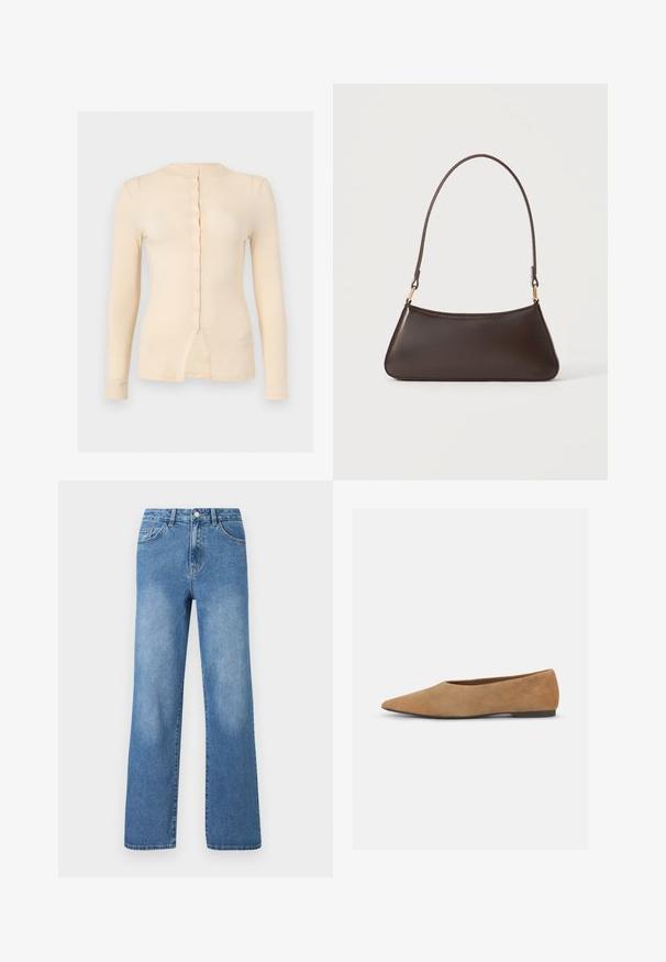 Haut beige à manches longues, ajusté, col rond, boutonné devant, avec une petite fente au centre du bas.; Jeans en denim bleu clair avec une taille haute, un design à jambes larges, cinq poches et des détails de couture visibles. Texture lisse avec un léger délavage.; Ballerines en suède beige avec un bout pointu, un talon bas et une texture lisse. Design simple sans motifs visibles ni détails matériels.; Sac à main en cuir marron foncé avec une fermeture éclair incurvée en haut et une fine bandoulière avec des fermoirs dorés sur un fond uni.