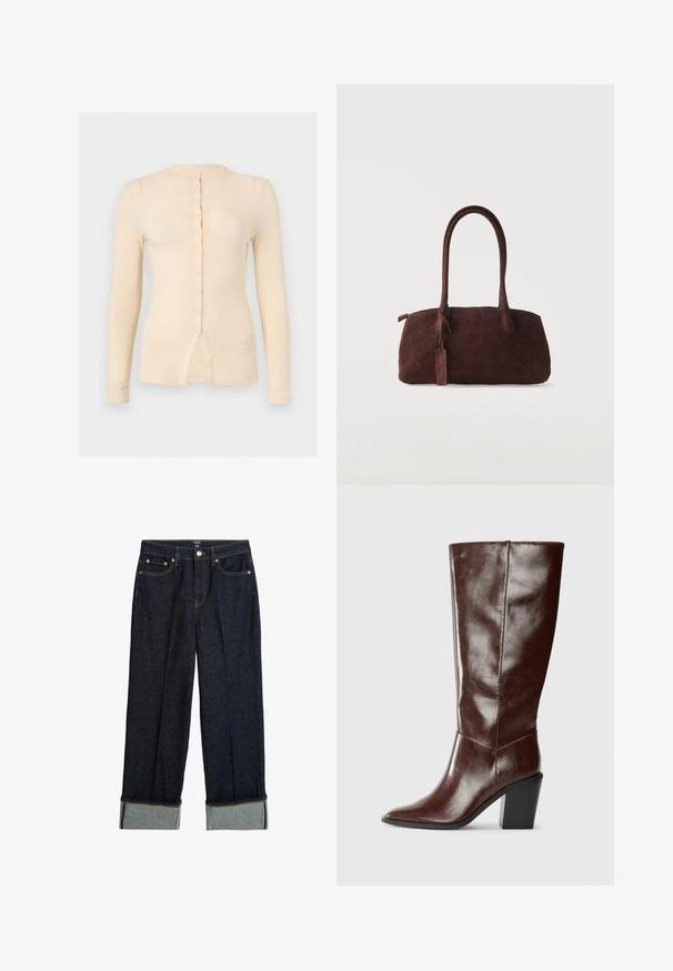 Beige langærmet tætsiddende top med rund halsudskæring, knaplukning foran og en lille slids i bunden midt.; Mørkeblå bredbenede jeans med opsmøg, der har orange syninger og klassisk fem-lommers design. Lavet af denimstof.; Høj, mørkebrun læderstøvle med spids tå og stablet blokhæl, vist fra siden på en ensfarvet baggrund.; Mørkebrun ruskindshåndtaske med to lange håndtag og en lille fastgjort tag, sat mod en ensfarvet lys baggrund.