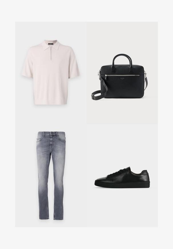 Lys beige kortærmet polo med lynlås ved halsen og ribbet kant, lavet af blødt strikstof. Har et klassisk kravedesign.; Grå denimjeans med en falmet vask, straight-leg design, fem lommer, bæltestropper og en metalknaplukning i taljen.; Sort lavtop lædersneaker med sorte snørebånd og en tyk sort sål, vist fra siden på en lysegrå baggrund.; Sort struktureret rektangulær lædermappe med dobbelthåndtag, lynlåslomme foran og justerbar skulderrem vist på hvid baggrund.