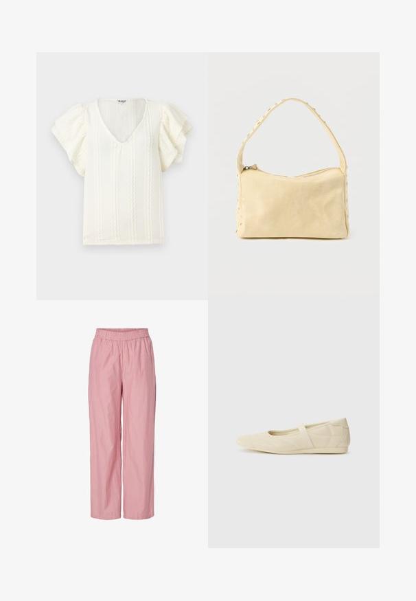 Weiße Bluse mit kurzen, rüschengesäumten Ärmeln, V-Ausschnitt und vertikalen Strukturstreifen. Leichter Stoff mit einem subtilen, sanften Glanz.; Rosa gestreifte weit geschnittene Hose mit elastischem Bund. Hergestellt aus leichtem Stoff mit glatter Textur. Enthält subtile vertikale Streifen.; Beige Ballerinas aus glattem Leder mit mandelförmiger Zehenpartie und elastischem Riemen über dem Fußrücken, ausgestattet mit dezenten Nähtelementen.; Kleine beige Ledertasche mit einem einzigen Riemen und silbernen Nieten entlang der Kanten und des Riemens, vor einem schlichten Hintergrund.