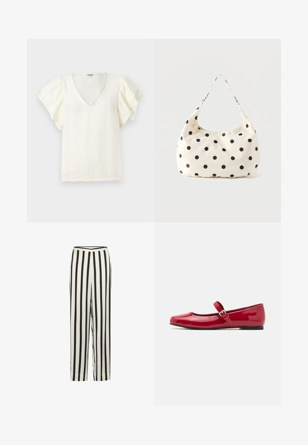 Blusa blanca con mangas cortas acampanadas, escote en V y rayas verticales texturizadas. Tejido ligero con un sutil brillo suave.; Pantalones de rayas en blanco y negro con un diseño de pierna recta y una cinturilla elástica. Elaborados en una tela ligera con una textura suave.; Bailarinas de charol rojas tipo Mary Jane con punta cuadrada, correa con hebilla y un bajo tacón negro. Textura suave y acabado brillante.; Bolso de tela color crema con lunares negros y una sola correa para el hombro, presentado sobre un fondo blanco liso.