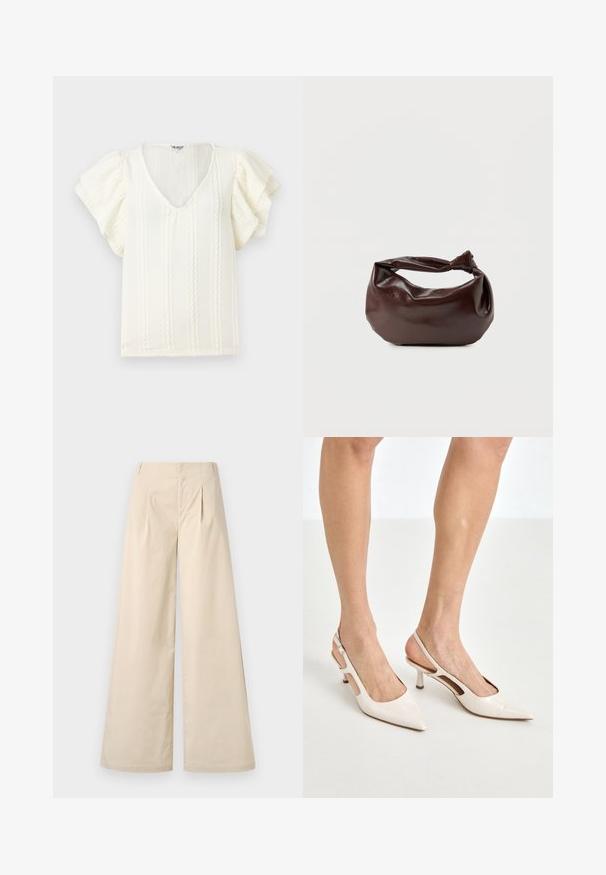 Weiße Bluse mit kurzen, rüschengesäumten Ärmeln, V-Ausschnitt und vertikalen Strukturstreifen. Leichter Stoff mit einem subtilen, sanften Glanz.; Beige weite Hose mit hoher Taille, Vorderfalten und einer glatten Baumwolltextur. Verfügt über Seitentaschen und ein sauberes, maßgeschneidertes Design.; Beige Lackleder Slingback-Absätze mit spitzem Fuß und 5 cm Absatz, mit ausgeschnittenen Seiten und einem schmalen Knöchelriemen.; Dunkelbraune Lederschultertasche mit weicher, lockerer Form und einem gedrehten Knotengriff vor schlichtem weißem Hintergrund.