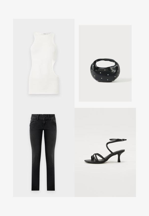 Hvid ærmeløs figursyet top med høj halsudskæring og asymmetrisk sideskæring, lavet af glat stof.; Sorte denim skinny jeans med en to-knaps talje, frontlommer og en glat, tekstureret overflade. Standard snit, hel længde design.; Even&Odd Wide Fit Sandaler - black; Sort læderhåndtaske med en rundet form, dekoreret med sølvnitter, og et kort håndtag. Glat tekstur og lynlåslukning.