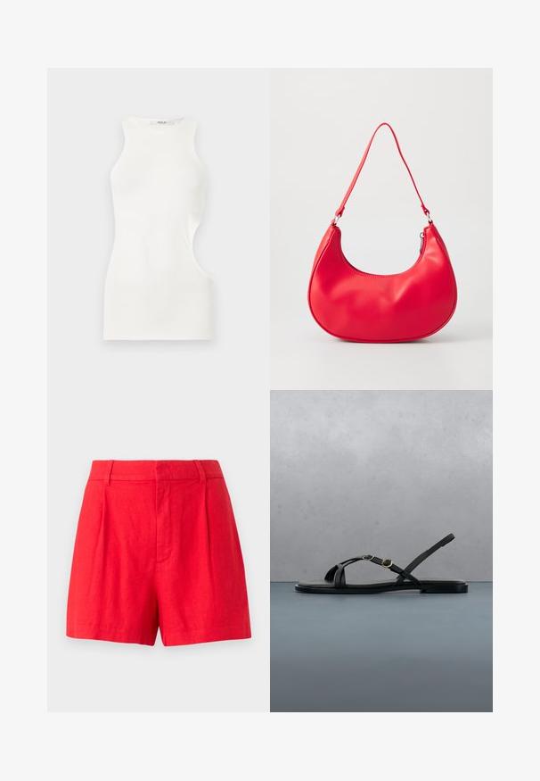 Hvid ærmeløs figursyet top med høj halsudskæring og asymmetrisk sideskæring, lavet af glat stof.; Røde linned shorts med et skræddersyet design, der har foldedetaljer, en glat tekstur og en mellemhøj talje.; Sort flad sandal med stropper og gyldne spænder, der svæver over et trægulv udendørs nær en væg og grønt område.; Rød syntetisk læder skuldertaske med en buet form, slank rem og lynlås lukning. Glat tekstur med synlige syninger.