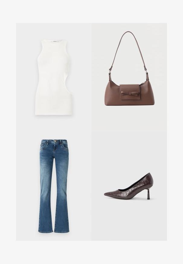 Witte mouwloze nauwsluitende top met een hoge halslijn en asymmetrische zijuitsnijding, gemaakt van gladde stof.; Flared denim jeans in medium blue met contrasterende stiksels, vijf zakken en een klassieke knop- en ritssluiting.; Bruine nepleren pumps met een puntige neus en krokodillenstructuur, voorzien van een slanke, hoekige hak en een gladde binnenvoering.; Bruine leren schoudertas met een voorvak met klep en een gestikte strikdetail en een verstelbare band.