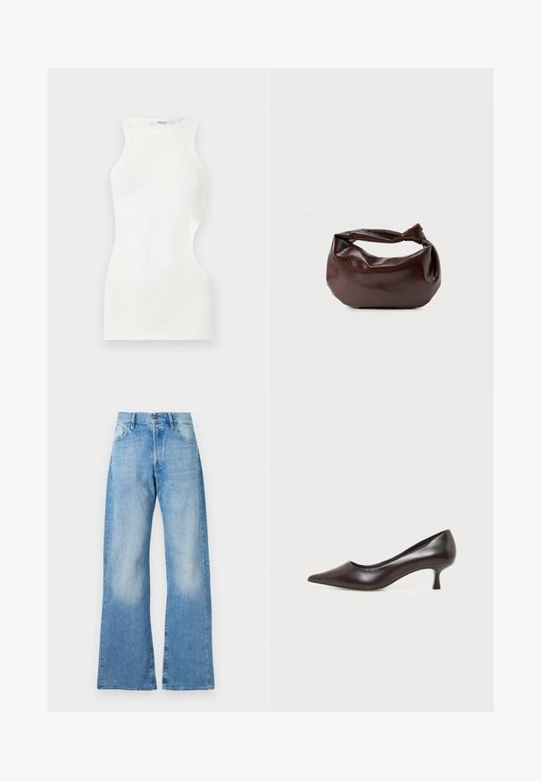 Witte mouwloze nauwsluitende top met een hoge halslijn en asymmetrische zijuitsnijding, gemaakt van gladde stof.; Lichtblauwe denim flared jeans met een hoge taille, vijf zakken en een klassieke knoopsluiting. Heeft subtiele vervaging en een relaxte pasvorm.; Donkerbruine leren pump met spitse neus en lage gebogen hak op een witte achtergrond.; Donkerbruine leren schoudertas met een zachte, slungelige vorm en een gedraaide knoopvormige handgreep op een effen witte achtergrond.