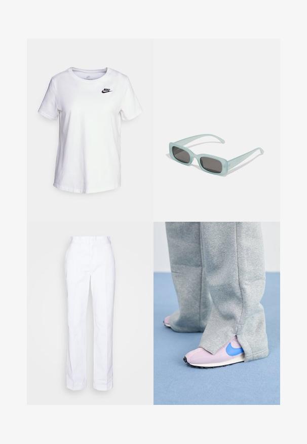 Biela bavlnená tričko s kulatým výstrihom a krátkymi rukávmi. Má čierne logo Nike na hornej ľavej oblasti hrudníka.; Biele nohavice s rovnými nohavicami vyrobené z bavlny. Majú plochý predný diel, pútka na opasok a žiadne viditeľné vrecká. Hladká textura a minimalistický dizajn.; Sivé teplákové nohavice zakrývajú svetloružové tenisky s modrým Nike swooshom, ktoré majú textúrovanú látku a kontrastnú podrážku.; Párik obdĺžnikových slnečných okuliarov s svetlomodrými priehľadnými rámami a tmavosivými sklami, s rovnými stranami a minimálnymi hardvérovými detailmi.