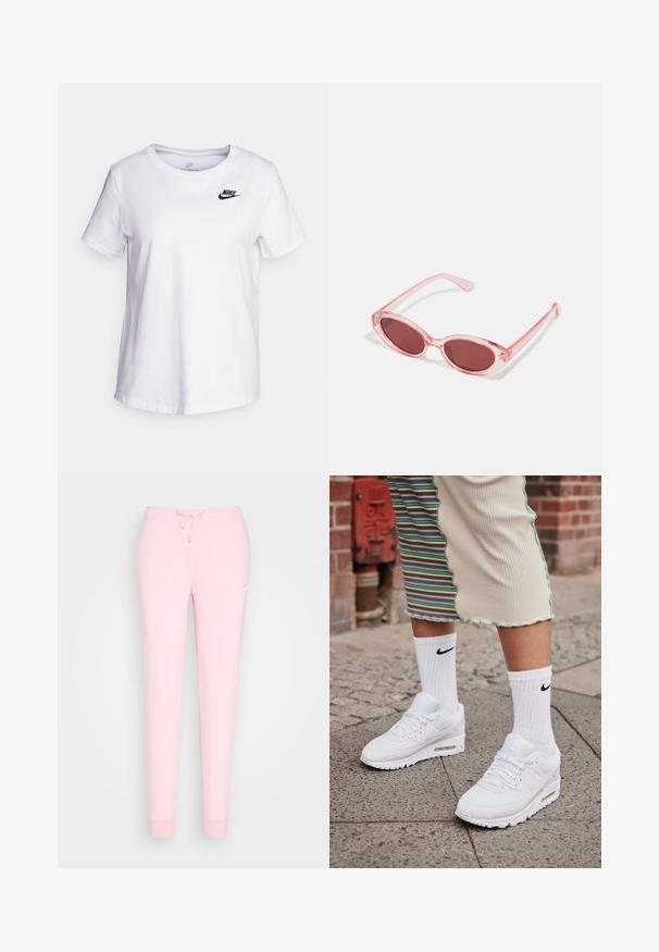 Camiseta de algodón blanca con cuello redondo y mangas cortas. Presenta un logotipo negro de Nike en la parte superior izquierda del pecho.; Pantalones de chándal rosa claro con cintura ajustable, piernas cónicas y un logotipo bordado en el muslo. Textura de tela suave y lisa.; Zapatillas Nike Air Max 90 blancas con parte superior de malla y cuero, que cuentan con una unidad de aire visible, combinadas con calcetines blancos con relieve y logotipo negro.; Gafas de sol transparentes rosas con lentes ovalados, tinte rojo oscuro y varillas delgadas, con un acabado suave y detalles sutiles en la montura.
