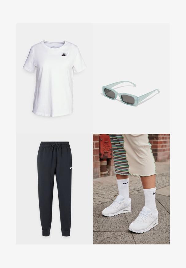 Tricou alb din bumbac, cu decolteu rotund și mâneci scurte. Prezintă un logo Nike negru în partea stângă sus a pieptului.; Pantaloni sport negri Nike cu talie elastică și șnur, picioare conice, manșete la glezne și mic logo alb Nike pe coapsa dreaptă.; Adidași Nike Air Max 90 albi, cu un suprafețe din plasă și piele, având o unitate de aer vizibilă, asociați cu șosete albe cu dungi și logo negru.; O pereche de ochelari de soare rectangulare cu rame translucide de un albastru deschis și lentile de culoare gri închis, având temple drepte și detalii hardware minime.