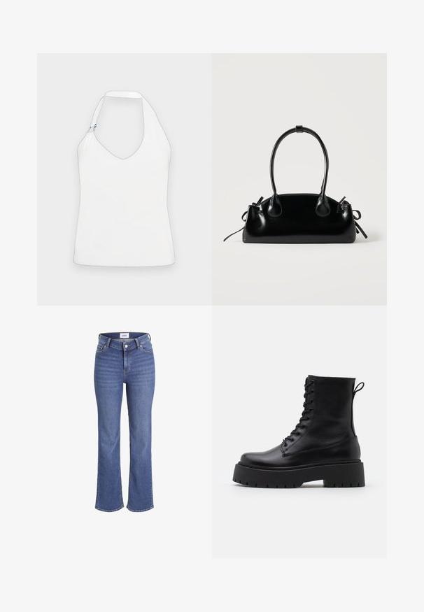 Weißes Halftertop mit tiefem V-Ausschnitt, einem einzigartigen Schulterdesign mit goldenen und blauen Hardware-Akzenten sowie einer glatten, weichen Textur.; Dunkelblaue Denim-Jeans mit hoher Taille, weitem Bein und einem traditionellen Fünf-Taschen-Design. Merkmale sind sichtbare Nähte und ein vorderer Knopfverschluss.; Schwarze Lederstiefeletten mit runder Zehenpartie, Schnürung vorne und einer dicken Gummisohle mit strukturiertem Profil. Mit Zugschlaufe an der Rückseite.; Kleine schwarze glänzende Handtasche mit zwei langen Griffen und seitlichen Kordelzug-Details vor einfachem hellem Hintergrund.