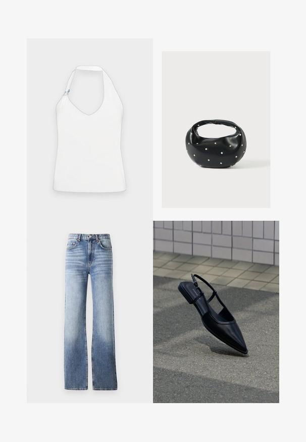 Hvid halterneck-top med en dyb V-udskæring, et unikt skulderdesign med guld- og blå hardwaredetaljer og en glat, blød tekstur.; Lysblå denimjeans med høj talje, bred bukseben og subtilt slid. Har knaplukning og fem-lomme design.; Sort slingback-flad sko med spids tå, svævende over en asfaltflade ved siden af en flisebelagt fortov.; Sort læderhåndtaske med en rundet form, dekoreret med sølvnitter, og et kort håndtag. Glat tekstur og lynlåslukning.