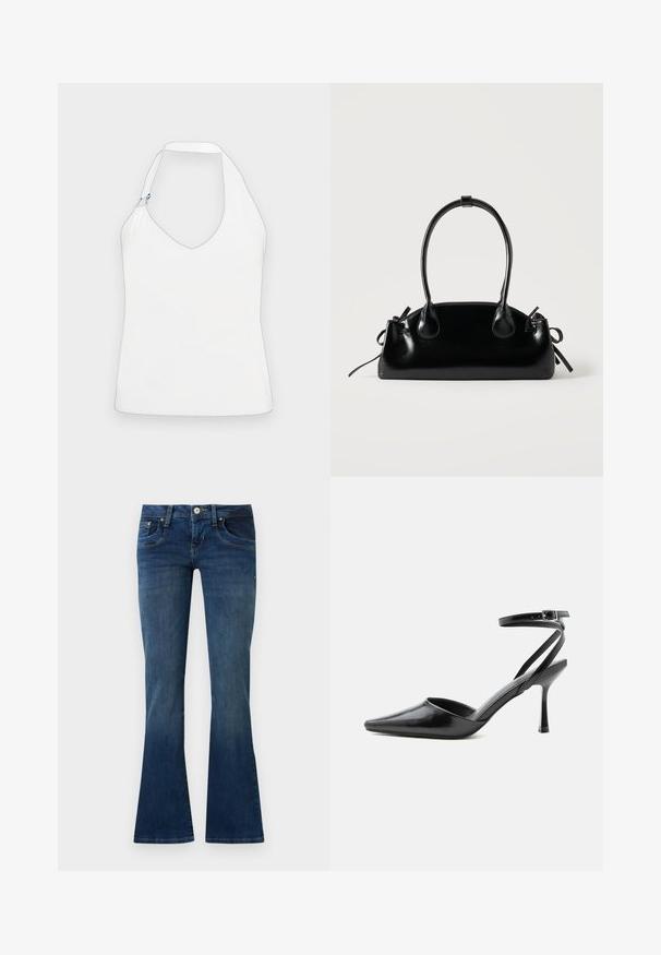 Haut halter blanc avec un décolleté en V profond, un design unique des épaules avec des accents en or et bleu, et une texture lisse et douce.; Jean bootcut en denim bleu avec poches avant et fermeture par bouton, présenté sur un fond gris clair uni.; Escarpin noir à bout pointu avec fines brides de cheville et fermeture à boucle argentée sur fond clair uni.; Petit sac à main noir brillant avec deux longues anses et des détails à cordon sur les côtés sur un fond clair uni.