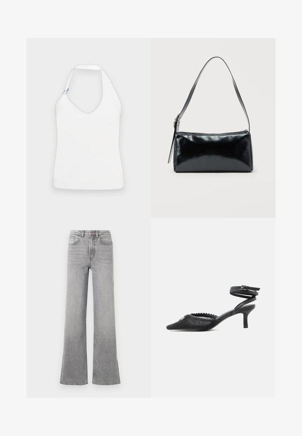 Weißes Halftertop mit tiefem V-Ausschnitt, einem einzigartigen Schulterdesign mit goldenen und blauen Hardware-Akzenten sowie einer glatten, weichen Textur.; Graue Denim-bootcut-Jeans mit hoher Taille, Fronttaschen, Gürtelschlaufen und einem subtilen, verblassten Design, präsentiert vor einem weißen Hintergrund.; Schwarzer spitzer Kitten-Heel mit Spitze, gewelltem Rand und umwickelndem Knöchelriemen mit Schnallenverschluss.; Schwarze rechteckige Schultertasche mit einem verstellbaren Riemen und einem oberen Reißverschluss vor einfachem Hintergrund.