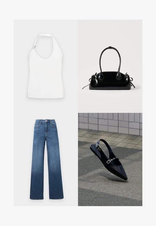 Hvid halterneck-top med en dyb V-udskæring, et unikt skulderdesign med guld- og blå hardwaredetaljer og en glat, blød tekstur.; Bredbukser i denim i medium blå med en gradvis lysnende effekt mod kanten, som har en standard knap- og lynlåslukning.; Sort flad slingback med spids tå og dobbelte spænder, hvilende på grå asfalt nær flisevæg.; Lille sort blank håndtaske med to lange håndtag og snøre-detaljer i siden på en ensfarvet lys baggrund.