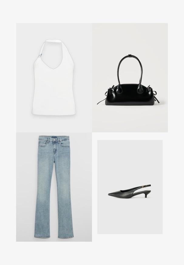 Hvid halterneck-top med en dyb V-udskæring, et unikt skulderdesign med guld- og blå hardwaredetaljer og en glat, blød tekstur.; Lyseblå denim jeans med vidde, højtaljede, med bæltestropper, forlommer og en falmet vasketekstur.; Sorte spidse slingback-sko lavet af glat læder. Har en tynd hæl og en spænde detalje på den justerbare rem.; Lille sort blank håndtaske med to lange håndtag og snøre-detaljer i siden på en ensfarvet lys baggrund.