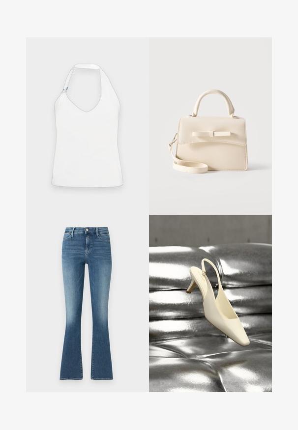 Weißes Halftertop mit tiefem V-Ausschnitt, einem einzigartigen Schulterdesign mit goldenen und blauen Hardware-Akzenten sowie einer glatten, weichen Textur.; Verblasste blaue Denim-Jeans mit ausgestelltem Bein und hoher Taille, Knopfverschluss, Fünf-Taschen-Design und dezenten Steppdetails entlang der Nähte.; Cremfarbener Slingback-Kitten-Heel-Schuh mit quadratischer Spitze, liegend auf einer glänzenden silbernen, gesteppte Lederoberfläche.; Kleine beige Handtasche mit Tragegriff oben, abnehmbarem Riemen, vorderer Klappe und dekorativer horizontaler Schleife vor einfarbigem Hintergrund.