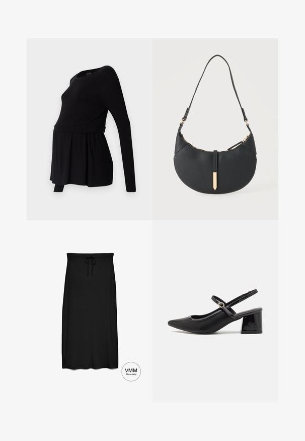 T-shirt de maternité noir à manches longues avec un col rond, coupe ample et taille froncée, fabriqué en tissu doux et extensible.; Jupe midi noire avec ceinture élastique et cordon, conçue pour être portée au-dessus du ventre.; Escarpins slingback en cuir verni noir avec un embout pointu, un design à découpes arrondies et un talon carré. Présente un accent de boucle en ton doré.; Sac à main noir en forme de croissant avec une bandoulière unique, une fermeture éclair dorée et une languette décorative rectangulaire dorée à l'avant.