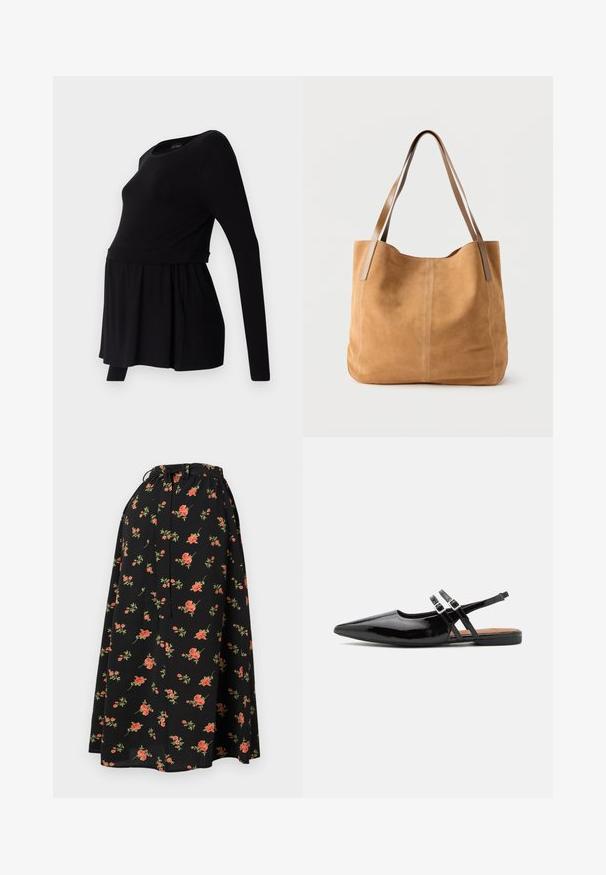 T-shirt de maternité noir à manches longues avec un col rond, coupe ample et taille froncée, fabriqué en tissu doux et extensible.; Jupe noire à motifs floraux avec une taille à cordon, ornée de motifs de fleurs rouges et vertes, et d'une texture légère et fluide.; Des chaussures slingbacks en cuir verni noir présentent un bout pointu, deux sangles avec des accents de boucle, et une semelle plate.; Sac fourre-tout en daim beige avec de longues anses en cuir marron clair, texture douce et couture simple sur un fond blanc uni.