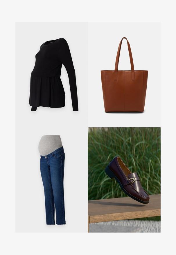 Schwarzes, langärmliges Stilloberteil mit rundem Halsausschnitt, lockerer Passform und gerafftem Taillenbereich, aus weichem, elastischem Material.; Schwangerschaftsjeans mit einem hellgrauen elastischen Bündchen und blauer Denim-Optik. Enger Schnitt, gerade Passform mit ausgefranstem Saum am unteren Ende.; Dunkelbrauner Lederloafer mit goldener Schnalle, der über einer Holzbank schwebt, mit grünem Gras im Hintergrund.; Braune Leder-Shopper-Tasche mit glatter Textur, vertikalen Nahtdetails und zwei flachen Tragegriffen. Offenes Oberteil-Design, geräumiger Innenraum.