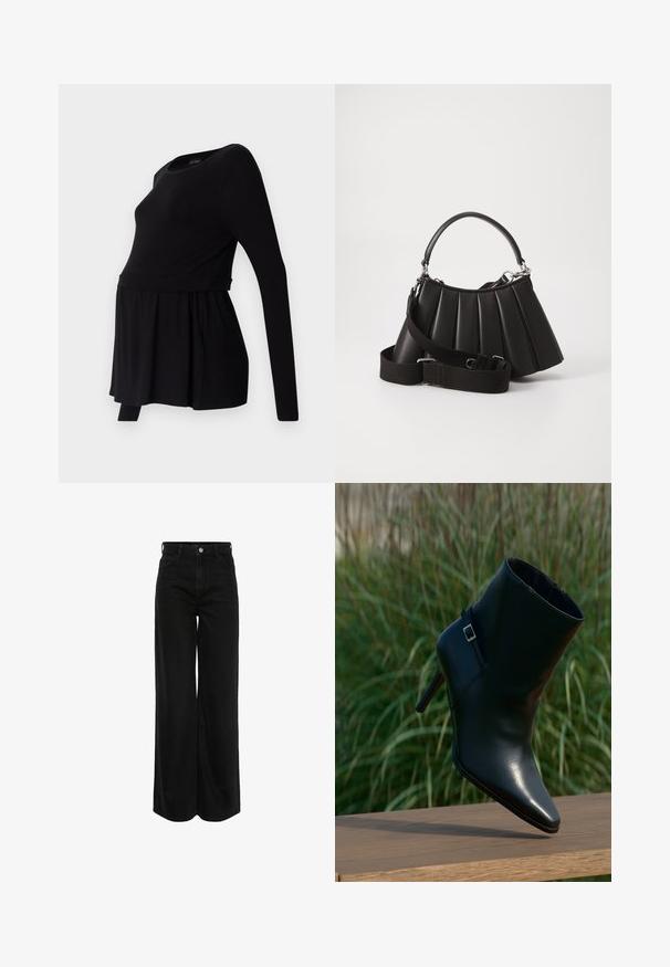 Blusa de maternidad negra de manga larga con escote redondeado, corte suelto y cintura fruncida, hecha de una tela suave y elástica.; Jeans de mezclilla negra de pierna ancha con cinturilla alta, diseño de cinco bolsillos y herrajes plateados. La tela tiene un acabado suave y ligeramente texturizado.; Bota de cuero negro hasta el tobillo con puntera puntiaguda, tacón apilado, textura brillante y una correa decorativa con un detalle de hebilla plateada.; Bolso de mano negro con pliegues, manejo redondeado, correa ajustable y textura brillante. Presenta herrajes plateados y una silueta estructurada.