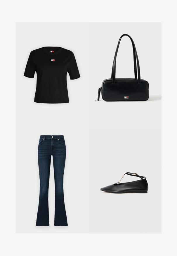 Μαύρο κοντομάνικο cropped t-shirt με στρογγυλή λαιμόκοψη και μικρό λογότυπο Tommy Jeans στο κέντρο του στήθους.; Σκοτεινά μπλε φαρδιά τζιν, κατασκευασμένα από ντένιμ, με κλασικό σχέδιο πέντε τσεπών, μεταλλικό κούμπωμα και ελαφριά φθορά στα ισχία.; Μαύρες δερμάτινες μπαλαρίνες με μυτερή μύτη, σχέδιο κοπής, λουράκι στον αστράγαλο και χρυσή αλυσίδα. Λείος υφή, ελάχιστο τακούνι.; Μαύρη δερμάτινη τσάντα χειρός με ορθογώνιο σχήμα, επίπεδη βάση, δύο λουριά ώμου και μικρή λεπτομέρεια λογότυπου στο μπροστινό μέρος. Ομαλή υφή.
