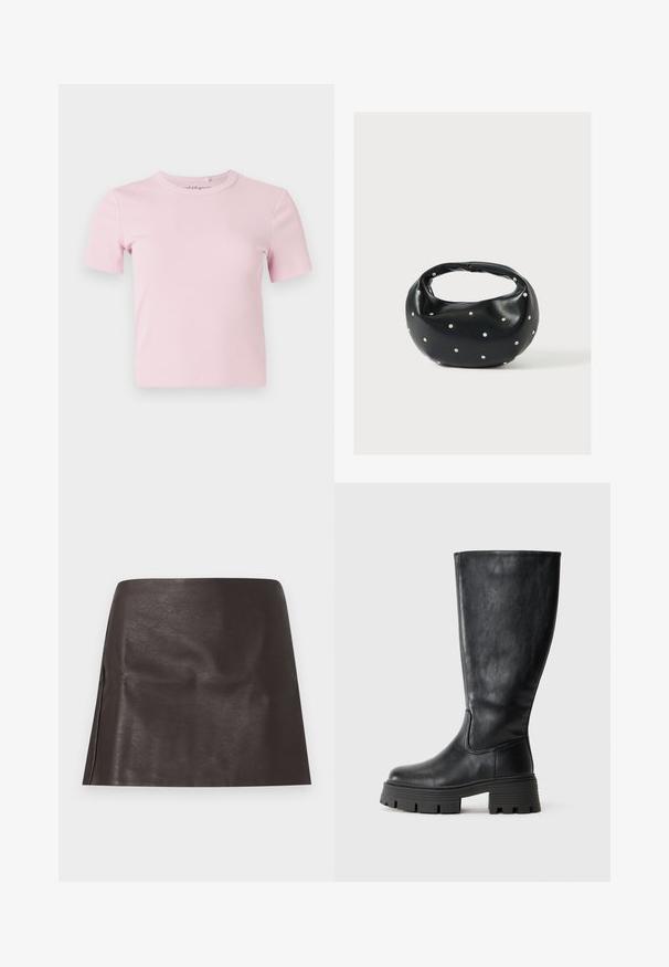 Hellrosa kurzärmeliges, geripptes T-Shirt mit Rundhalsausschnitt und tailliertem Schnitt. Der Stoff hat eine weiche Textur und minimalistische Details.; Kurzer Minirock aus dunkelbraunem Kunstleder mit geradem Schnitt und dezenten Falten, vor weißem Hintergrund präsentiert.; Schwarze kniehohe Stiefel aus glattem Leder mit einer dicken, strukturierten Sohle und dezenten Nahtdetails an der Außenseite.; Schwarze Lederhandtasche mit abgerundeter Form, verziert mit silbernen Nietenakzenten und kurzem Griff. Glatte Struktur und Reißverschlussverschluss.