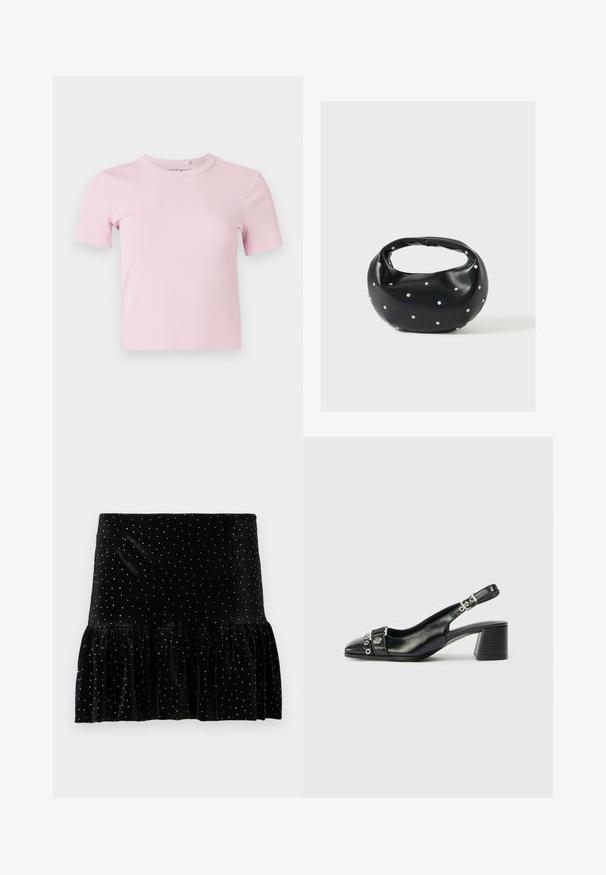 Hellrosa kurzärmeliges, geripptes T-Shirt mit Rundhalsausschnitt und tailliertem Schnitt. Der Stoff hat eine weiche Textur und minimalistische Details.; Schwarzer Samtrock mit einem gerafften Saum, verziert mit silbernen Punkten. Verfügt über eine taillierte Taille und eine weiche Textur.; Schwarze Leder-Slingback-Pumps mit spitzem Vorderteil, strukturiertem Riemen mit runden metallischen Akzenten und gestapeltem Blockabsatz.; Schwarze Lederhandtasche mit abgerundeter Form, verziert mit silbernen Nietenakzenten und kurzem Griff. Glatte Struktur und Reißverschlussverschluss.