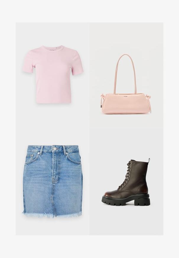 T-shirt côtelé rose clair à manches courtes avec un col rond et une coupe ajustée. Le tissu a une texture douce et un design minimaliste.; Jupe en denim bleu avec une coupe ajustée, ourlet brut et poches avant classiques. Texture lisse avec un léger dégradé pour un look décontracté.; Bottine de combat en cuir marron foncé à lacets avec semelle et talon épais en caoutchouc noir, présentée de profil sur fond blanc.; Sac à main rectangulaire rose clair avec longues anses, détails noués sur les côtés et petit logo "ALDO" au centre à l'avant.