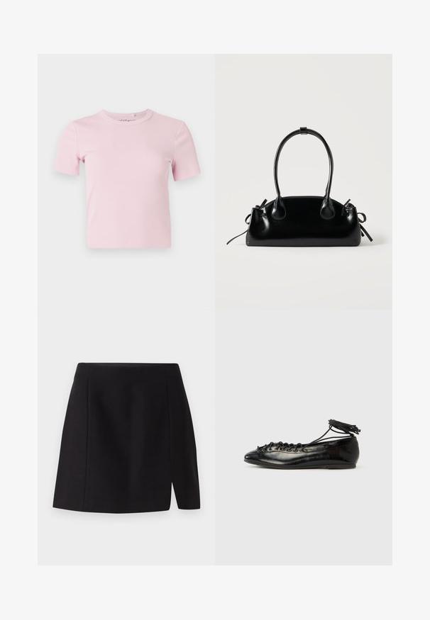 Lyserød kortærmet, ribstrikket t-shirt med rund halsudskæring og en tætsiddende pasform. Stoffet har en blød tekstur og sparsomme detaljer.; Sort mini nederdel lavet af glat stof, med en tætsiddende talje og en frontslids, der tilføjer et moderne præg til det enkle design.; Sorte balletflade sko i laklæder med rundet tå, snørelukning og flad sål. Glat tekstur med få detaljer.; Lille sort blank håndtaske med to lange håndtag og snøre-detaljer i siden på en ensfarvet lys baggrund.