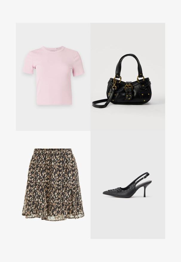 Camiseta de manga corta en rosa claro con tejido acanalado, cuello redondo y diseño ajustado. La tela tiene una textura suave y detalles mínimos.; Falda negra con manchas irregulares beige y gris claro, cintura elástica y un dobladillo suelto y ligeramente acampanado.; Sandal de tacón stiletto negro de cuero con punta afilada, correa lateral con hebilla, tachuelas a lo largo del borde y cordones decorativos en la parte delantera.; Bolso de cuero negro con hebilla y detalles de remaches dorados, asas cortas y una correa de hombro ajustable sobre un fondo blanco liso.