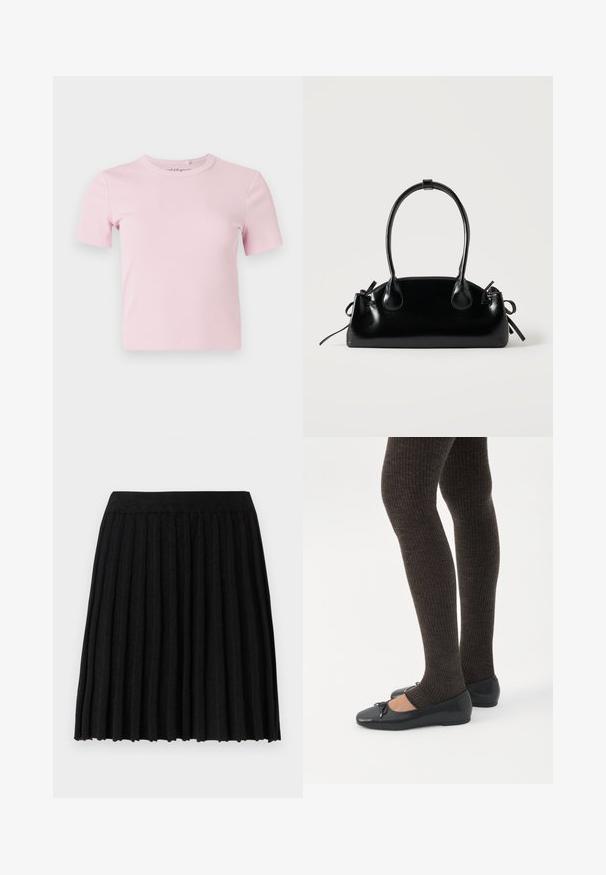 Lichtroze ribgebreid T-shirt met korte mouwen, een ronde halslijn en een getailleerd ontwerp. De stof heeft een zachte textuur en minimale details.; Vero Moda Knitted VMMARINA Short - Minirok - black; Benen met donkere geribbelde leggings gecombineerd met zwarte ballerina's met kleine strikdetails op een witte achtergrond.; Kleine zwarte glanzende handtas met twee lange hengsels en zijkant trekkoord details op een effen lichte achtergrond.